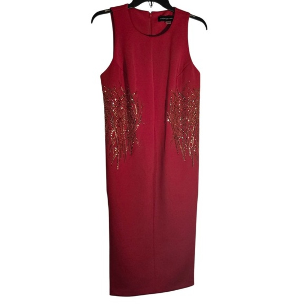 Andrew Marc Red Sleeveless Embellished Midi Dress Women's 10 Cocktail Party NWT